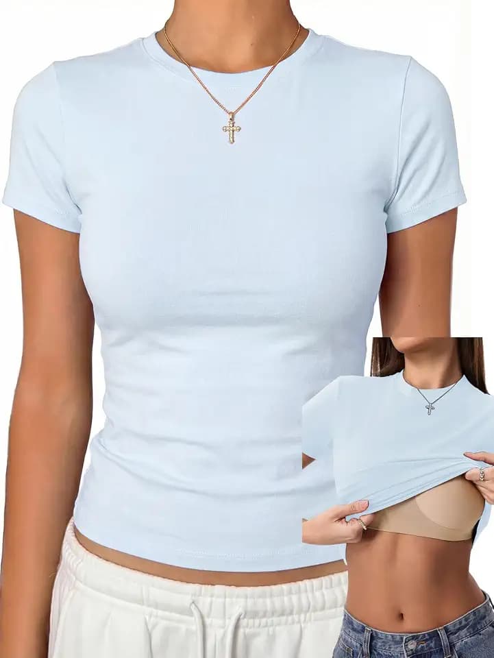 Danysu Womens Tops with Built in Bra Short Sleeve Fitted Crop T Shirt
