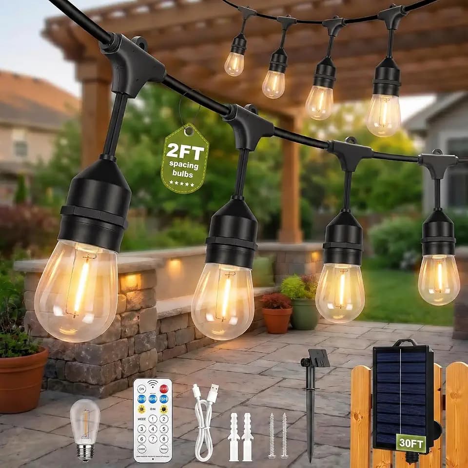 Solar String Lights Outdoor 30FT 12 Bulbs 2FT Spacing Heavy Duty 18AWG S14