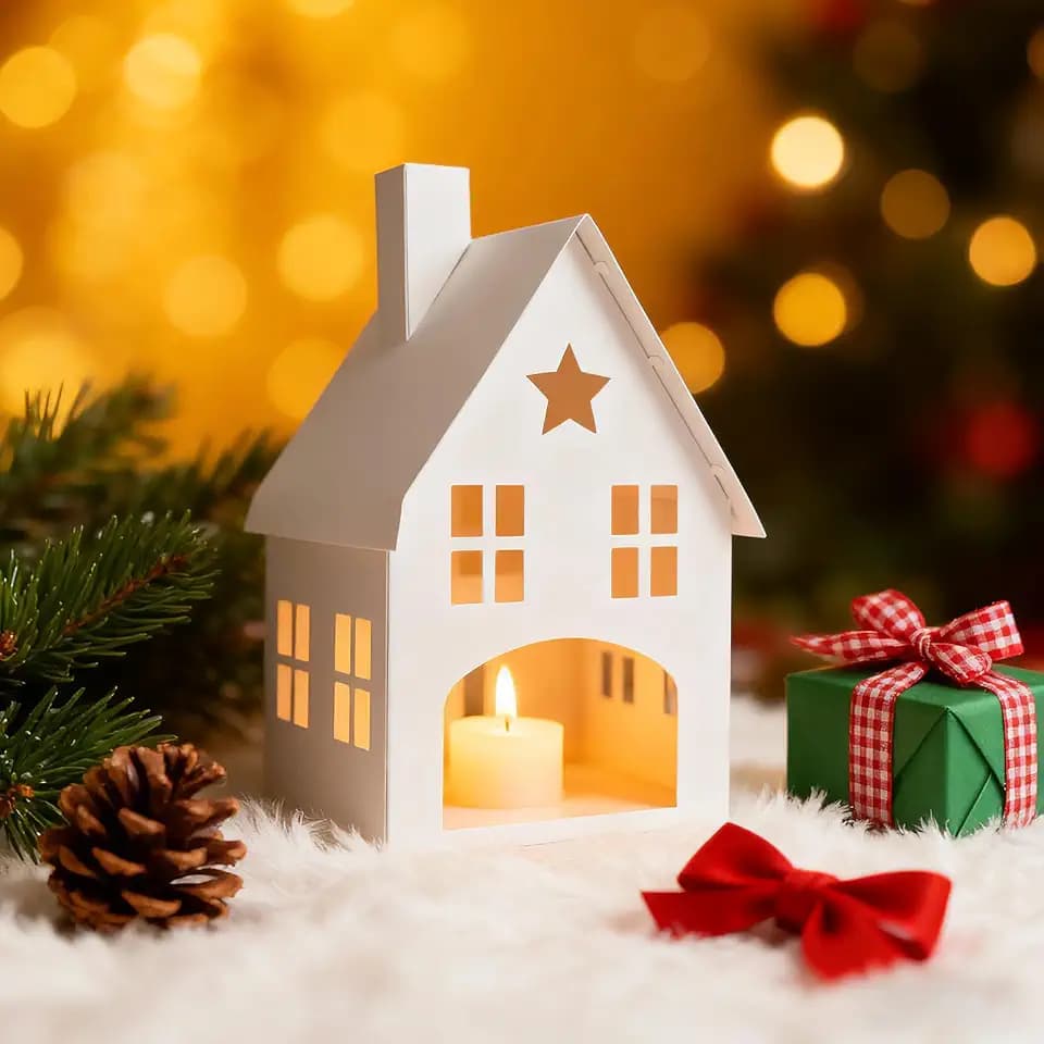Weihnachtsdeko Lichthäuser Weiß, Metall Teelichthaus mit LED Kerzenhalter, Weihnachts Deko Häuser für Tisch, Fensterbank und Kamin