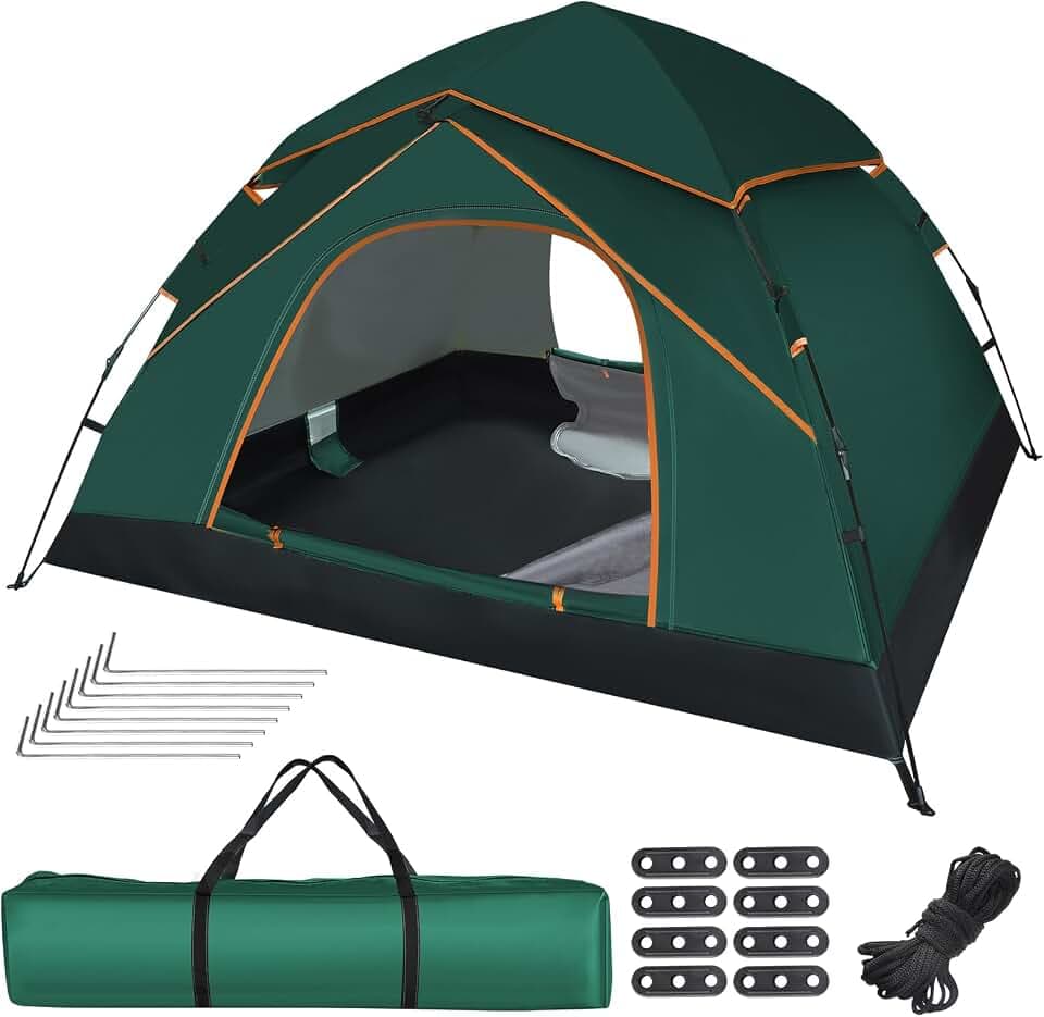Camping Zelt 3-4 Personen, Automatisches Pop Up Kuppelzelt mit Doppel-Türen, Wasserdicht & Winddicht, 3-4 Jahreszeiten Outdoor Zelt für Familie, Trekking und Camping, Waldgrün
