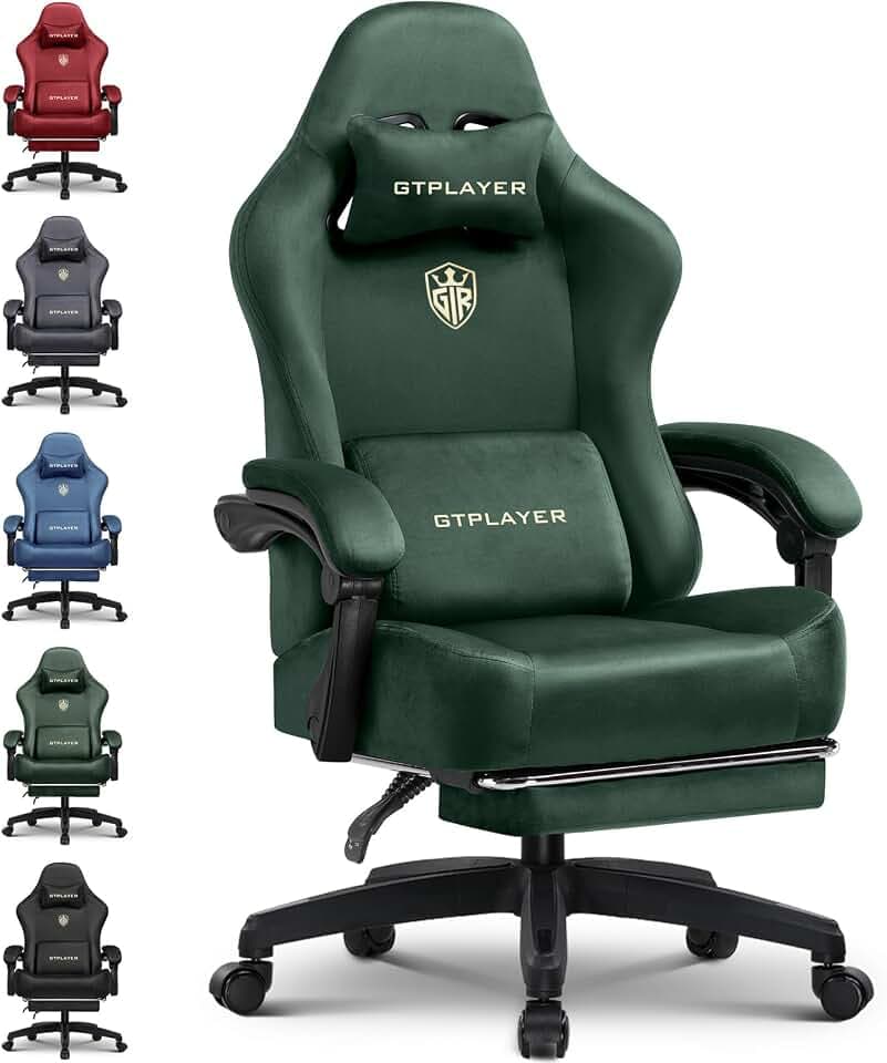 GTPLAYER Gaming Chair Fabric with Pocket Spring Cushion, Big and Tall Gamings Chairs 350LBS High Back Computer Chair with Footrest for Adults Lumbar Support Swivel Game Chair for Office Gaming Green