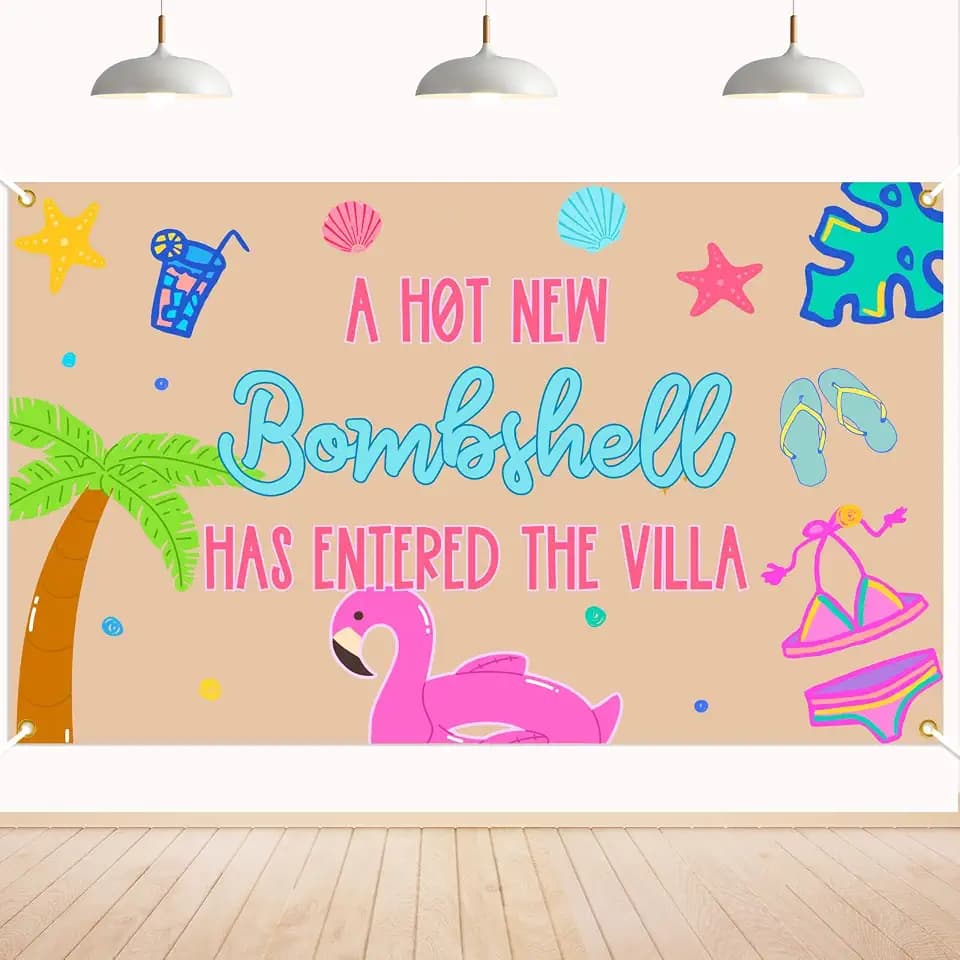 A Hot New Bombshell Has Entered the Villa Backdrop - Welcome to the Villa Party Decor, Love Theme Island Party Decor, Hot New Girls Birthday Bachelorette Party Decorations 59 x 35 Inch