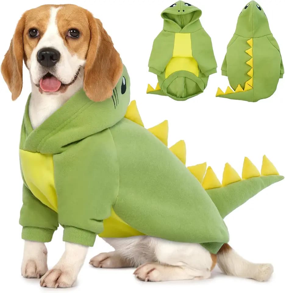 Lelepet Hundekostüm Dinosaurier Kostüm, Warm Fleece Winter Hoodie für Rüde Hündin, Lustiges Hund Halloween Cosplay Outfit Haustier Dinosaurier Hoodie, Grün L