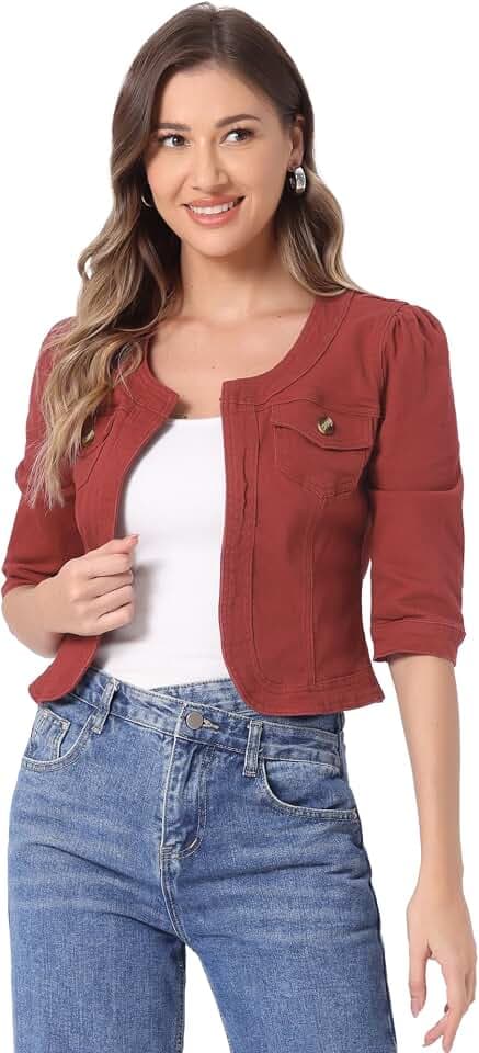 Allegra K Damen Kurze Jeansjacke Kragenlos 3/4 Ärmel Jeansjacken