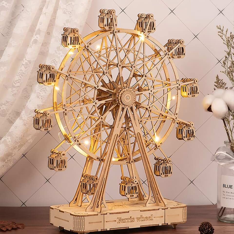 Rolife 3D Puzzle - Holzpuzzle 3D Spieldose Modellbausatz für Erwachsene Kreativer DIY-Bausatz, Bastelset für Dekoration & Ästhetische Geschenke für Teenager(Ferris Wheel)