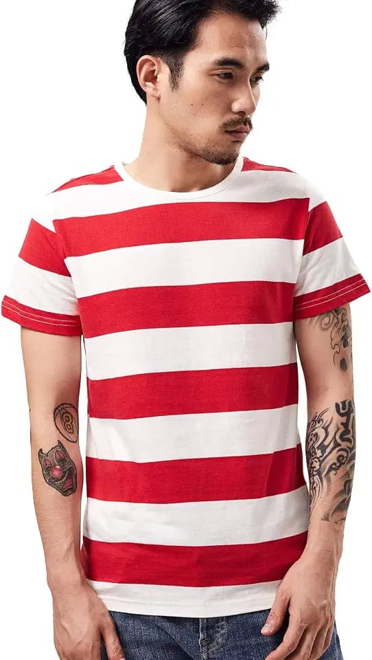 Breit gestreiftes T-Shirt für Herren, bretonisches T-Shirt, gestreift, Matrosen-Top, Baumwolle, Basic, kurzärmelig, für Sommer, Strand