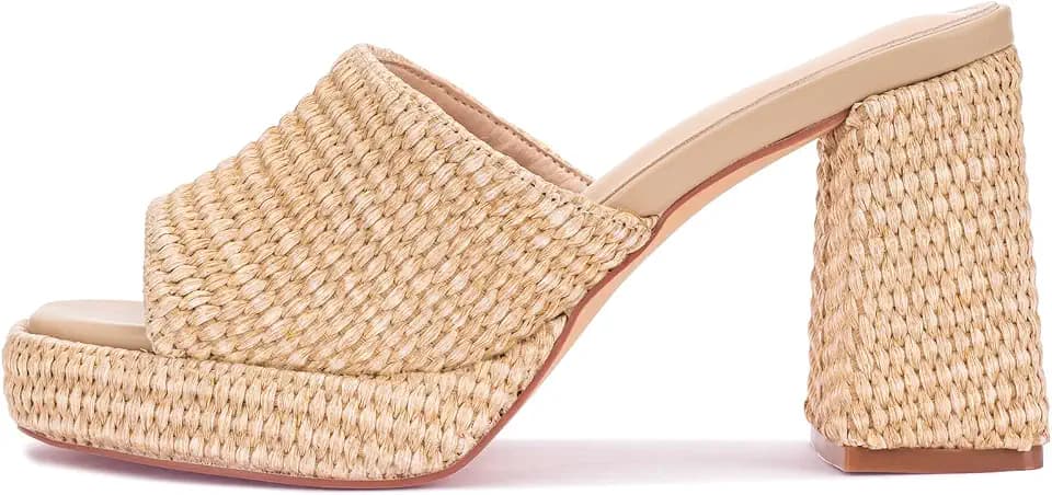 Monrovia Raffia Heeled Sandals for Women，Platform Wedge Slip On Block Heel, Dressy Summer Open Toe Chunky High Heel Vacation Beach Slides Sandals