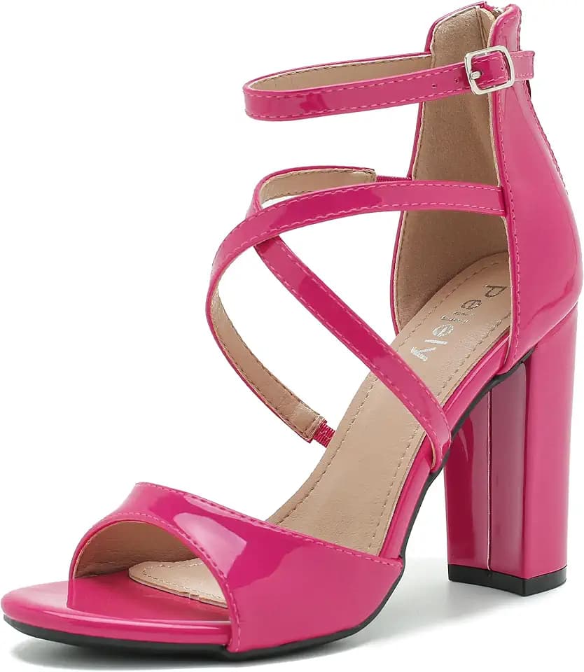 Women's Strappy Sandals, Block High Heel, Ankle Buckle Zip Closure, Dress Party Heels