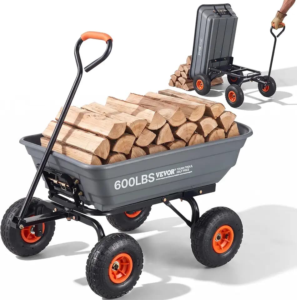 VEVOR Poly Garden Dump Cart 4 Cu.Ft. 600 lbs 4 Wheel Wheelbarrow Dump Wagon