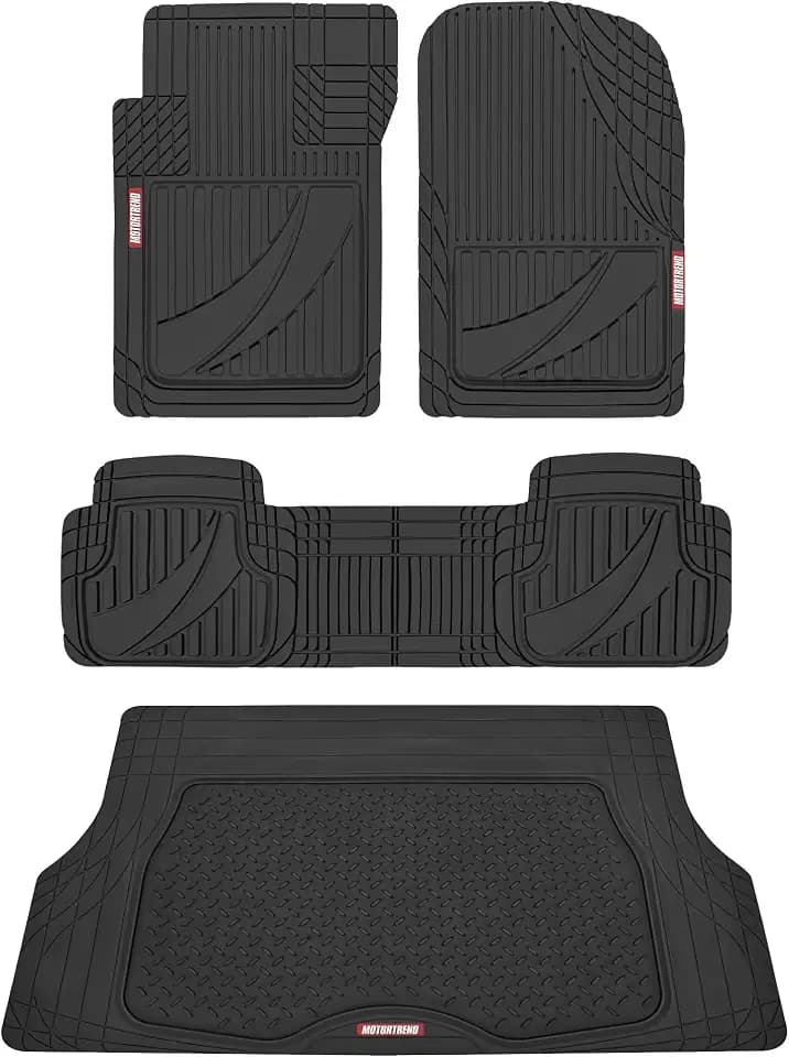 Motor Trend FlexTough™ Heavy Duty Black Rubber Car Floor Mats All Weather & Cargo Liner for SUV Full Set - Universal Trim to Fit Automotive Floor Mat & Trunk Mats for Cars Interior Accessories