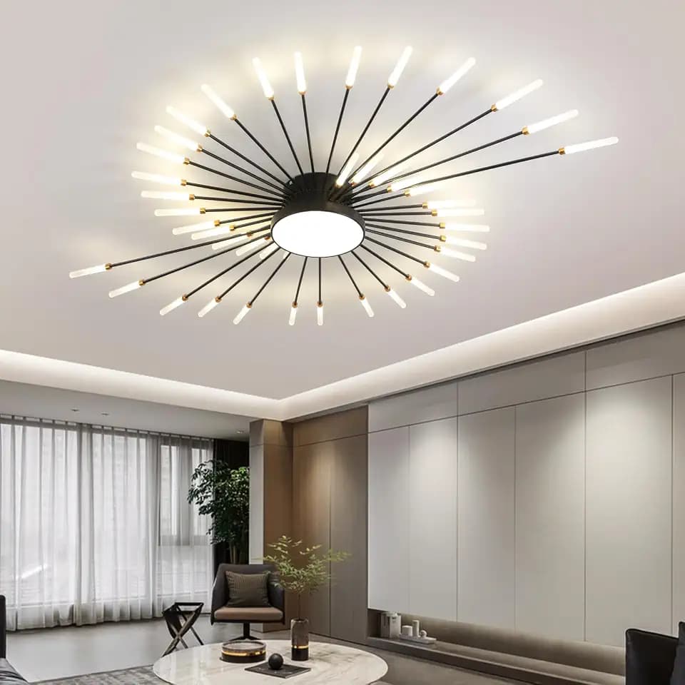 JAYMP 50.4" Ceiling Light Modern Flower Shape Ceiling Lamp for Living Room Dining Room Semi Flush Mount Metal Acrylic Sputnik Firework Petal LED Lighting Fixture (Matte Black, D50.4xH4.3inch)