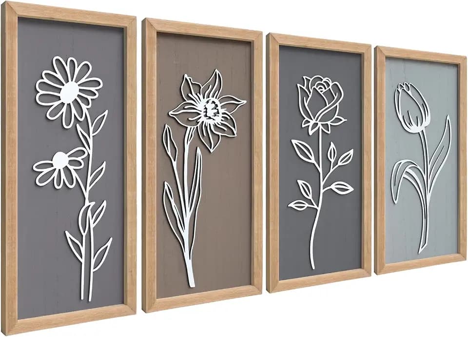 3D Wooden Floral Wall Decor Set of 4, Hanging Botanical Wall Art Decoration