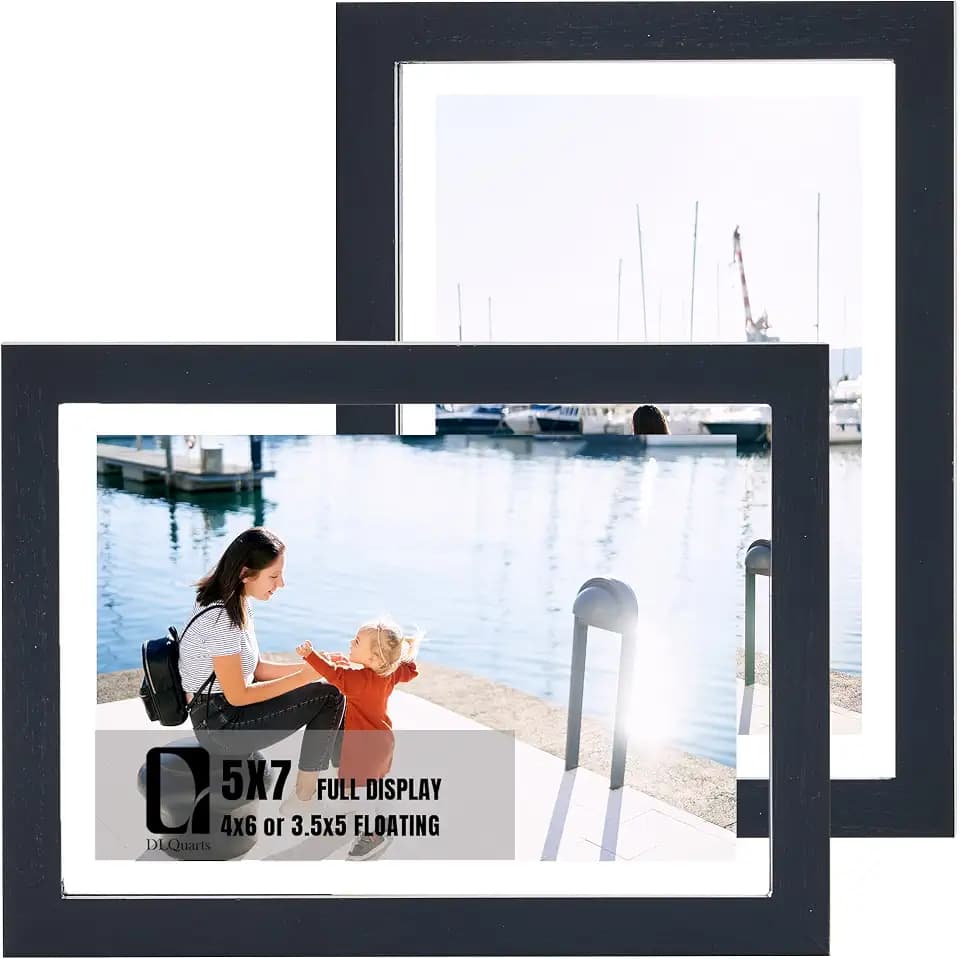 DLQuarts 5x7 Floating Picture Frames for 4x6/3.5x5 Photos, 2-Pack Solid Wood Double Polished Glass Floating Frame for Wall & Tabletop, Postcards and Any Size Photo up to 5x7 Display, Matte Black