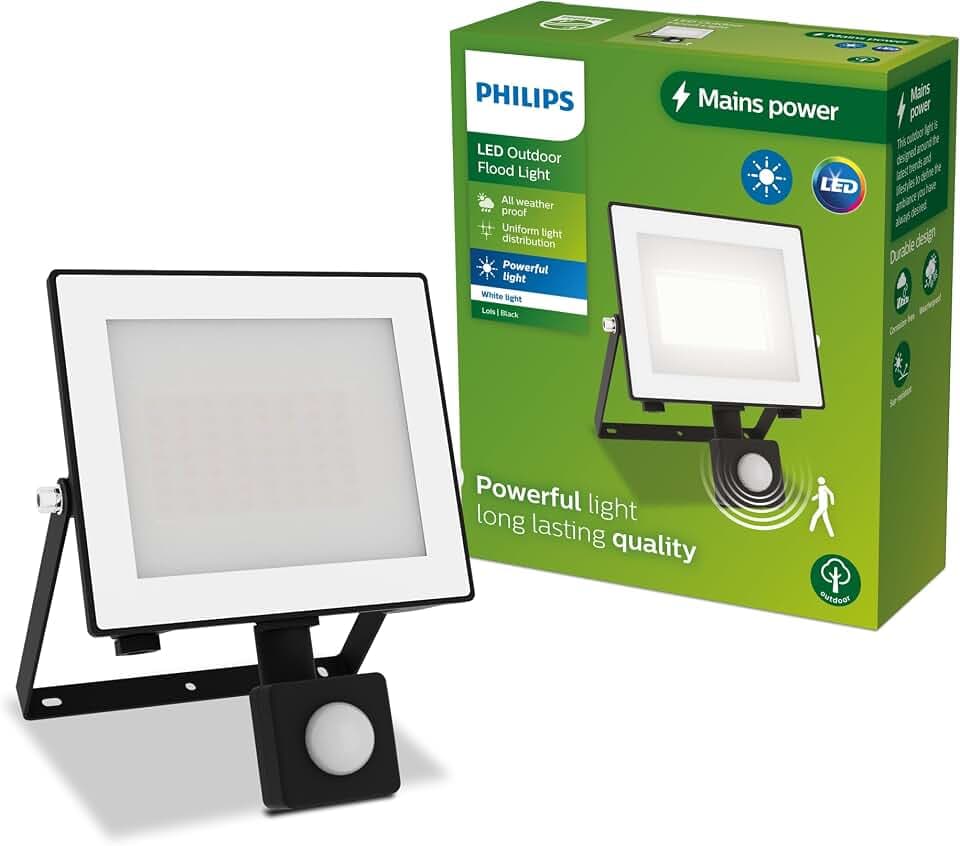 PHILIPS Lois Outdoor Flutlichtstrahler, Sensor, Außenbeleuchtung, Schwarz | LED Leuchte für den Außenbereich, IP65 wetterfest, Sensor erkennt Bewegung und Dämmerung, 30 W, 3000 K weißes Licht
