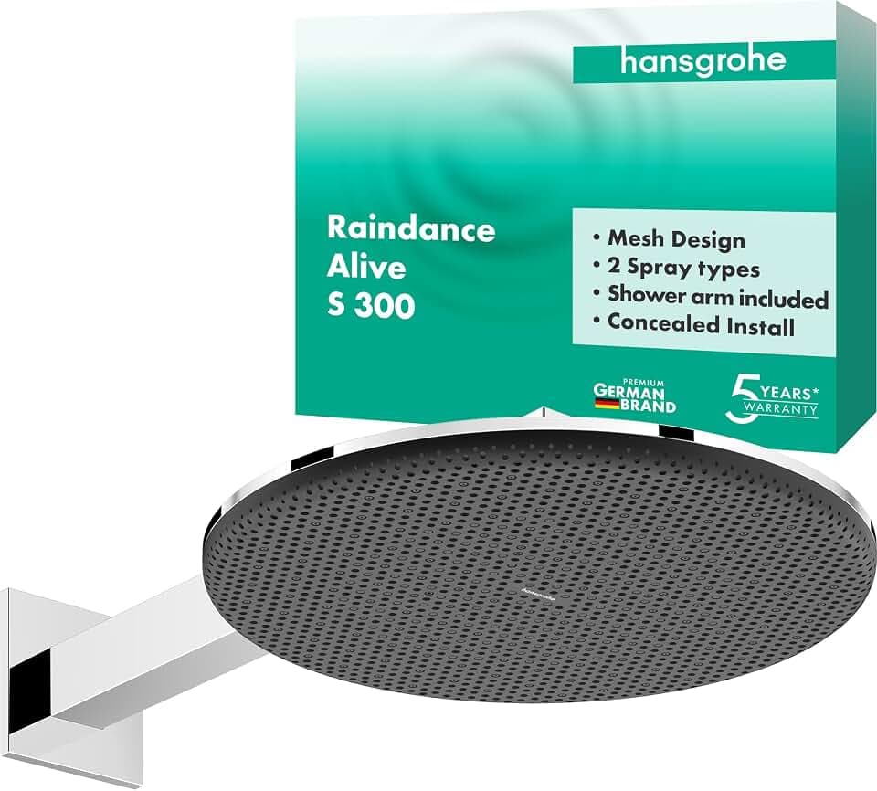 hansgrohe Raindance Alive S - Kopfbrause mit Brausearm, runde Duschbrause (300 mm), Regendusche mit 2 Strahlarten für Wandmontage, Brausekopf mit Antikalk-Funktion, Chrom, 24540000