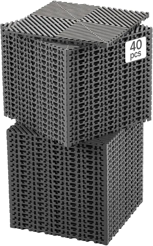 VEVOR Interlocking Drainage Mat, 12” x 12” Modular Interlocking Cushion, 40 Pcs Splicing Drainage Mats, Non-Slip PP Drainage Floor Tile and Shower Mat, for Garage, Garden, Kitchen & Outdoor, Gray