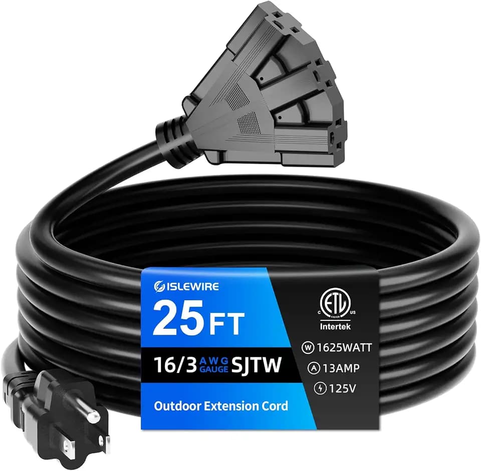 25 FT 3 Outlet Outdoor Extension Cord Waterproof, 16/3 SJTW Black Extension Cord with Multiple Outlets, Heavy Duty 16 Gauge 3-Prong Grounded Power Cable for Garden and Home Use, ETL Listed