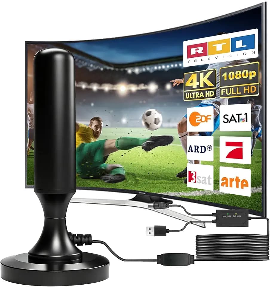 DVB-T2 Antenne mit Verstärker Magnetfuß, Innen & Außen Zimmerantenne für Fernseher, 4K Full HD Digital TV Empfang ohne Kabel & Satellit, 5m Koaxialkabel, kompatibel mit Allen DVB-T/DVB-T2 Receivern