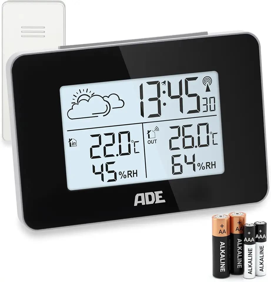 ADE Digitale Wetterstation Funk mit Außensensor | Innen und Außentemperatur | Luftfeuchtigkeitsmesser | animierte Wettervorhersage | Funkwecker mit Schlummerfunktion | schwarz