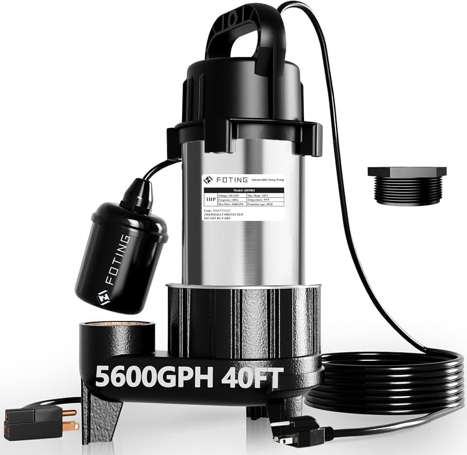 FOTING 1HP 5600 GPH 40FT Sump Pump Submersible Sewage/Effluent Pump - Heavy Duty Cast Iron Automatic/Manual - 115V Septic Pump for Sump Basin/Sewage/Basement, 2'' NPT