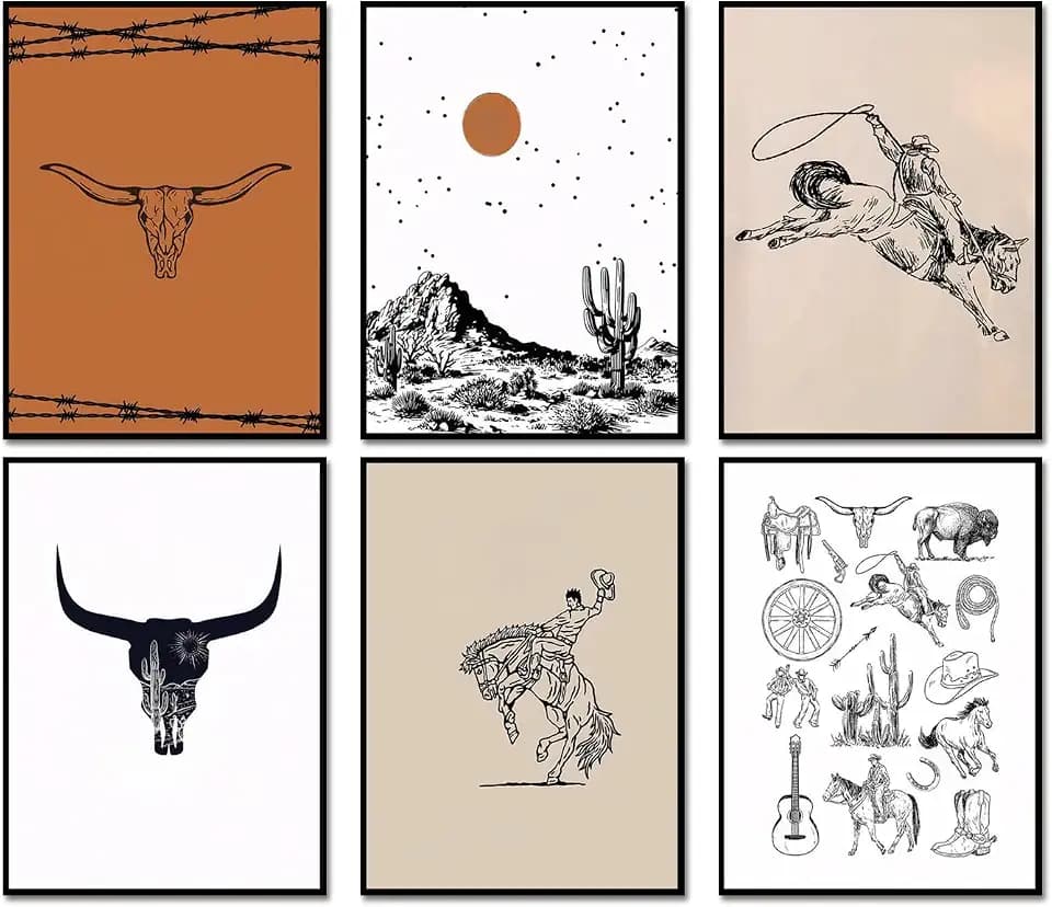 Vintage Western Cowboy Poster Set of 6, Southwestern Wall Art Longhorn Bull Skull Wall Decor Mid Century Retro Desert Canvas Painting Prints for Bedroom Living Room Dorm 8x10 inch Unframed