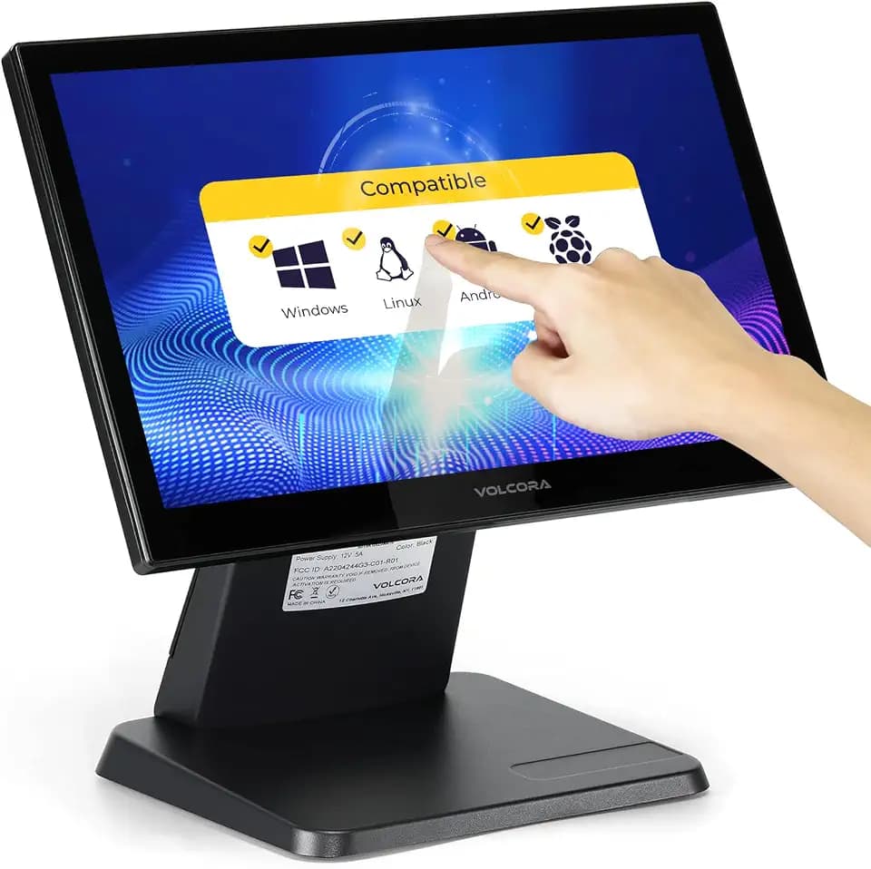 Volcora 15.6" Black LED Touch Screen Monitor with Metal Stand - Backlit 1366 * 768 with VGA HDMI Connection for Small Business, Restaurant, Office - No Driver Required (Not Compatible with macOS/iOS)