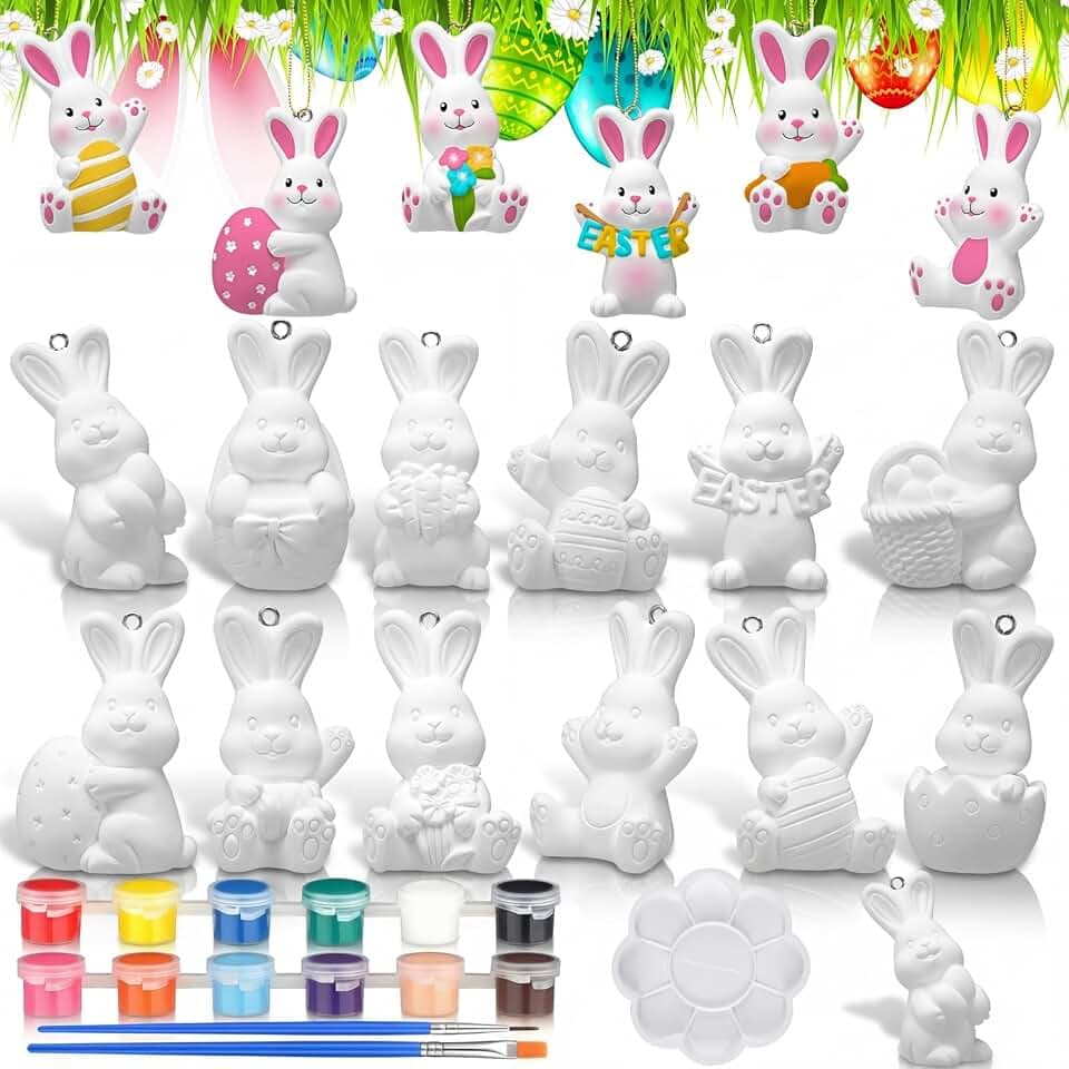 RoundFunny 12 Pcs Ceramic Bunny Painting Kit, 3D Hanging Ornaments