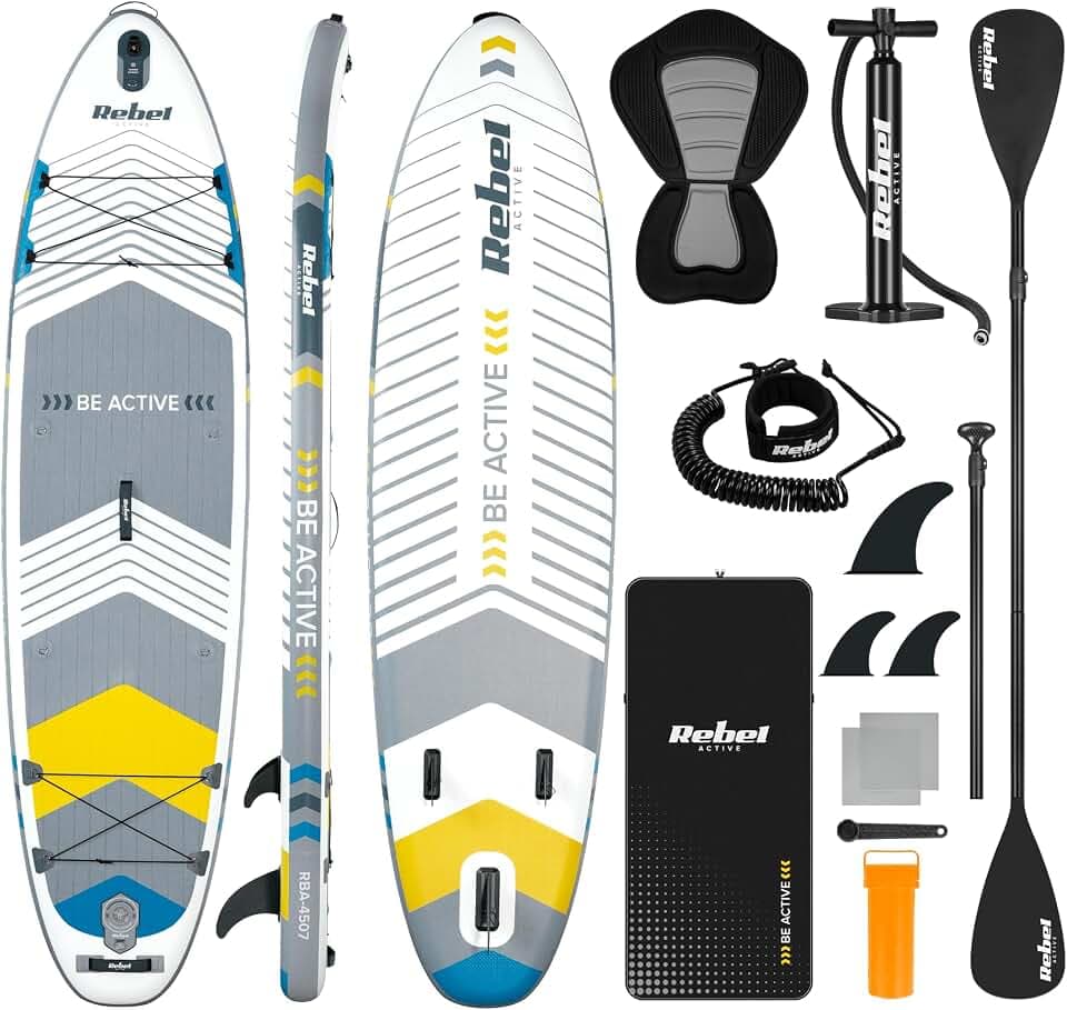 Rebel Electro Brett SUP gepumpt mit Schwimmsitz Drop-Stitch 335 cm Set Paddel Pumpe Rucksack RBA-4507-WH