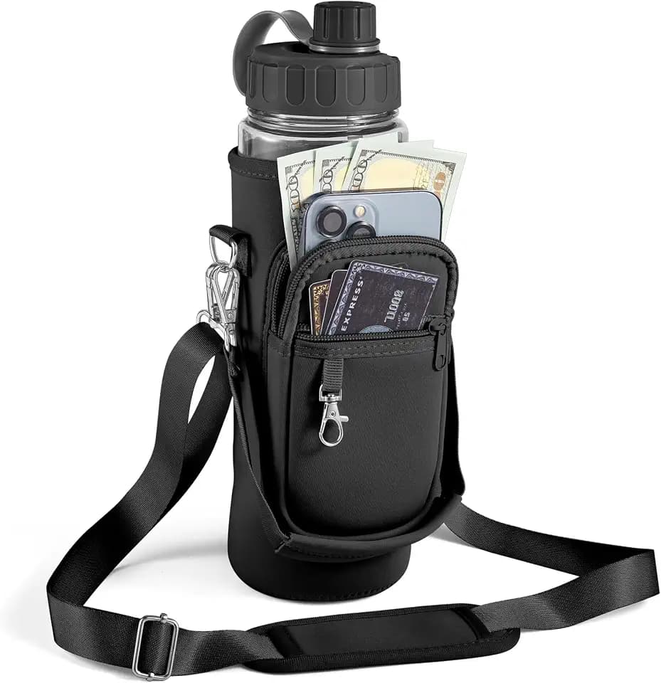 Water Bottle Holder with Strap,Water Bottle Bag,32/40 oz Large Capacity,Adjustable Shoulder Hand Strap,2 Phone Pocket Water Bottle Holder,Water Bottle Accessories for Camping Running Walking