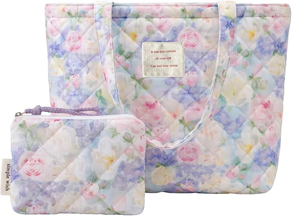 Floral Quilted Cotton Shoulder Bag Set 2-in-1 Tote with Mini Pouch Women’s Lightweight Reusable Daily Handbag A054