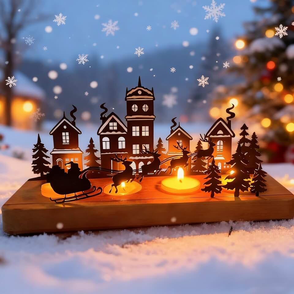 Advent Kerzenhalter Adventskranz Teelichthalter: Kerzenständer für 4 Teelicht Weihnachtskerzenhalter aus Metall mit Holzständer, Adventsgesteck rechteckig für Tischdeko Weihnachtsdeko, 28×12.5×8 cm