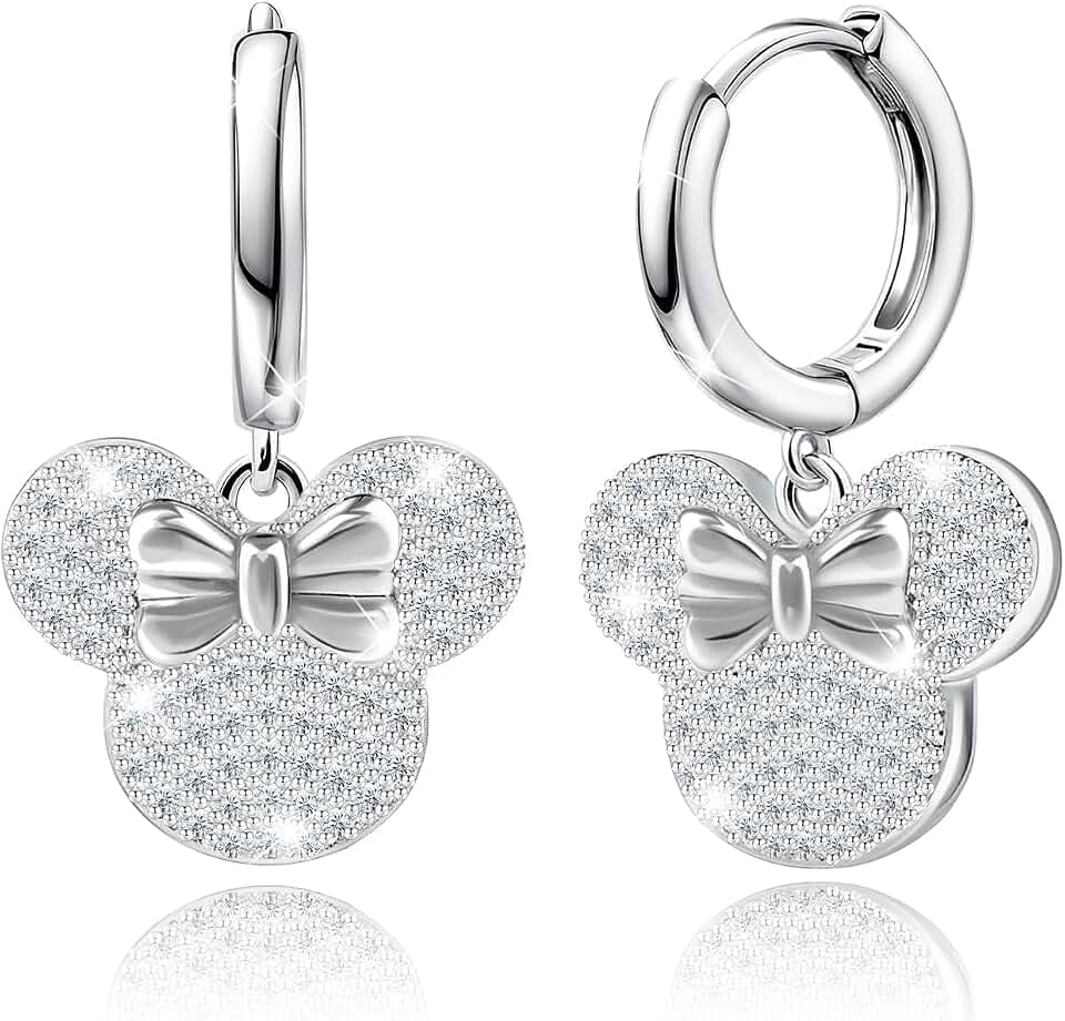 Mouse Stud Sterling Silver plated White Gold Mouse Bow Earrings Cute Dangle Hoop Earrings Cubic Zirconia Bow Knot Dangling Earring Cartilage Animal Jewelry for Women Daughter Sister Birthday Party