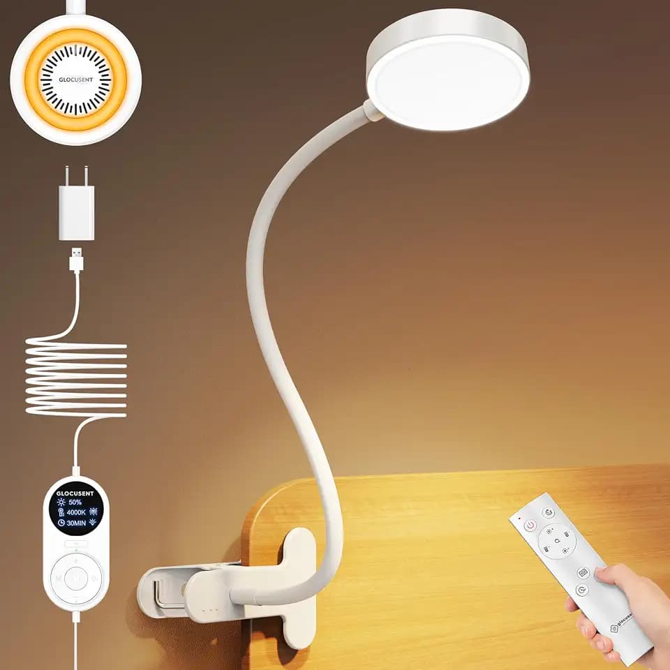 Glocusent Leselampe Bett, 72 LED Klemmlampe mit 3 Farben & 5 Helligkeiten, Flexibel Bettlampe mit Amber Nachtlicht, 30/60-Min Timer, Augenschutz, für Bett/Lesen/Arbeiten (Weiß mit Fernbedienung)