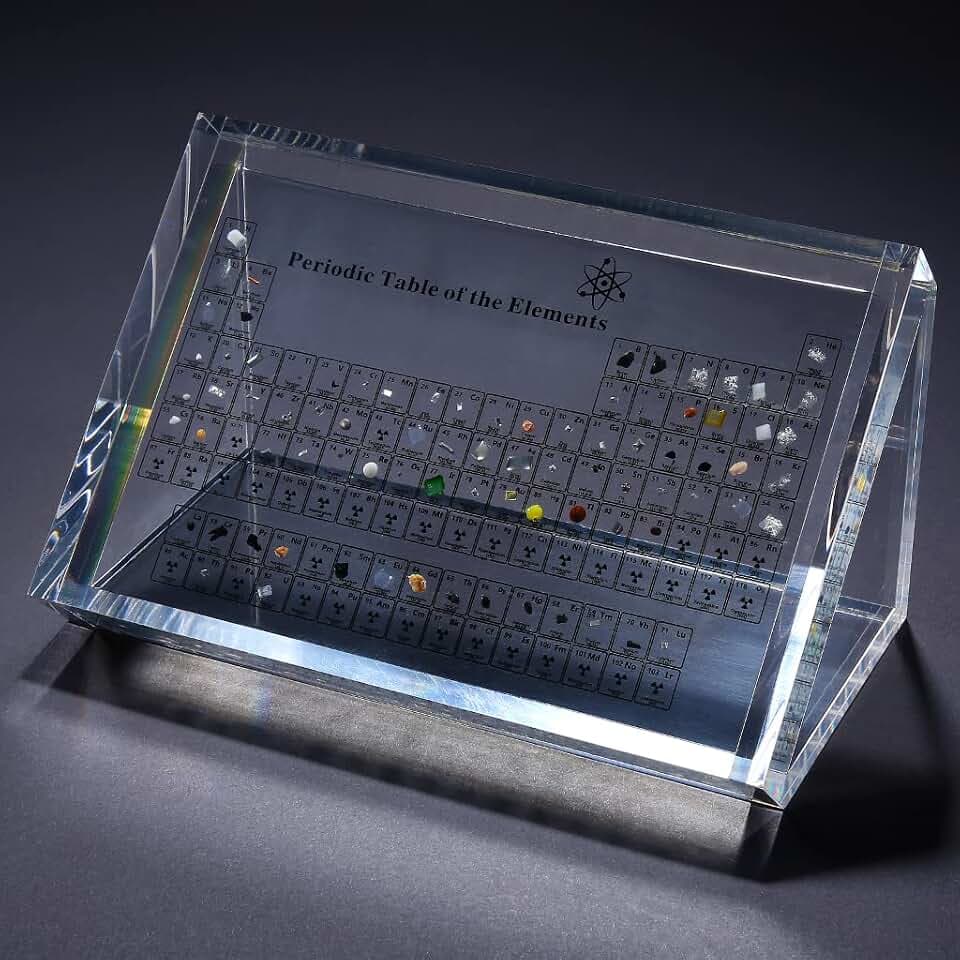 KIOP Periodensystem aus Acryl mit echten Elementen, Mit fester Stütze, Periodic Table of 83 Elementen,Periodensystem mit Elementen, Periodensystem, Lehrtafel, Schultag, Geburtstagsgeschenke
