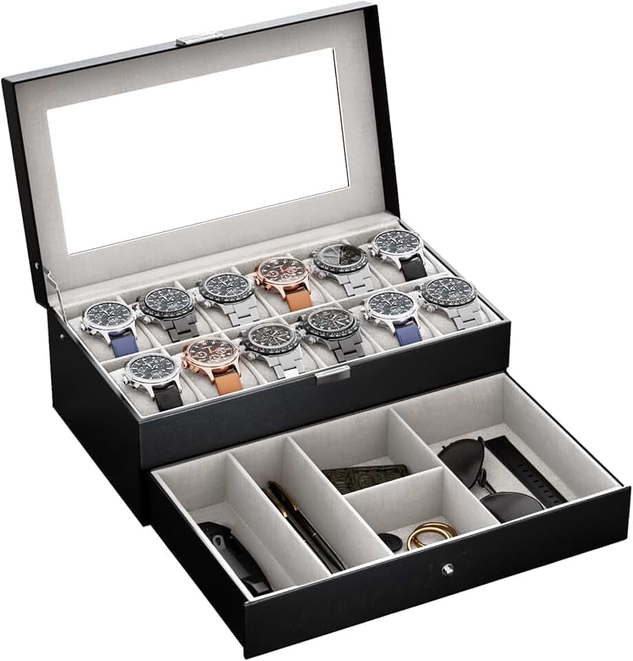 ProCase Uhrenbox mit 12 Fächern, Uhrenkasten mit Glasdeckel, 2 Ebenen, Uhrenkoffer mit herausnehmbaren Uhrenkissen Uhrenschatulle für Schmuck, Ringe, Armbänder und Halsketten -Schwarz