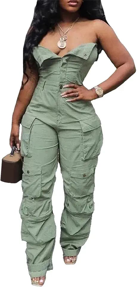 LKOUS Women's Cargo Strapless Baggy Y2K Denim Multi Pocket Jeans Jumpsuit