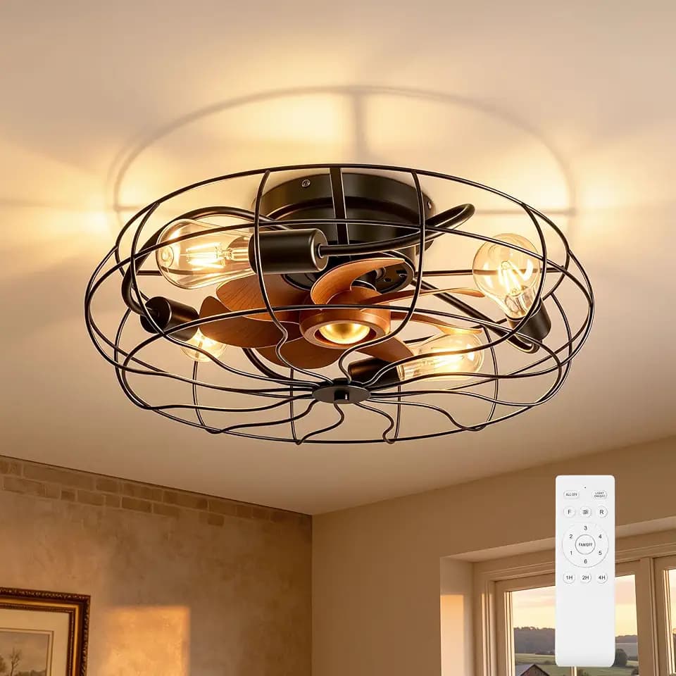 OUTON Caged Ceiling Fan with Light, Flush Mount Low Profile Ceiling Fan with Remote, Industrial Farmhouse Enclosed Ceiling Fan with 7 Wood Grain Blades, Quiet Reversible DC Motor for Bedroom Kitchen
