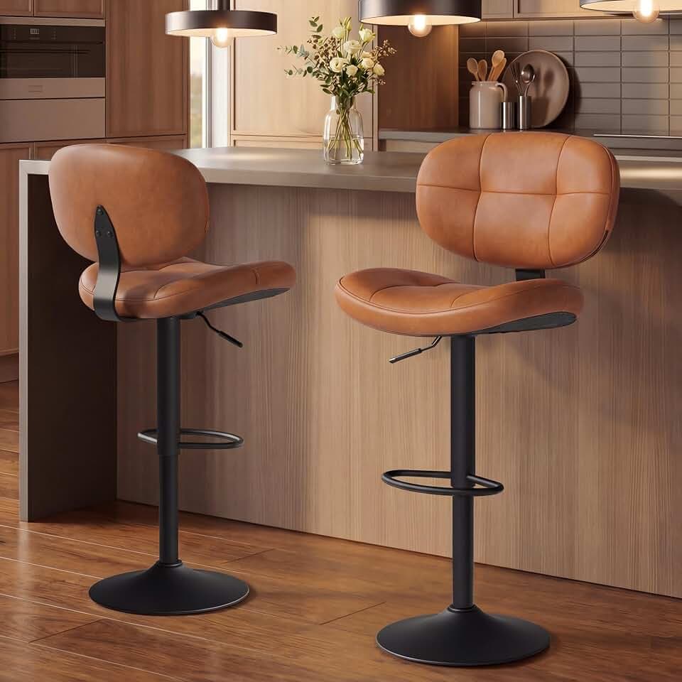 VASAGLE Bar Stools Set of 2, Height Adjustable Swivel Chairs, PU Leather