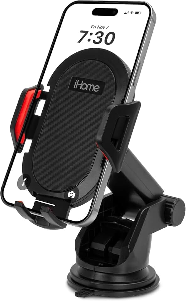 iHome Car Mount, Dashboard/Windshield/Vent Mount, Swivel Neck, Silicone Grip, Adjustable Mount Arm with Suction Cup Base (Adjustable Arm Car Mount)