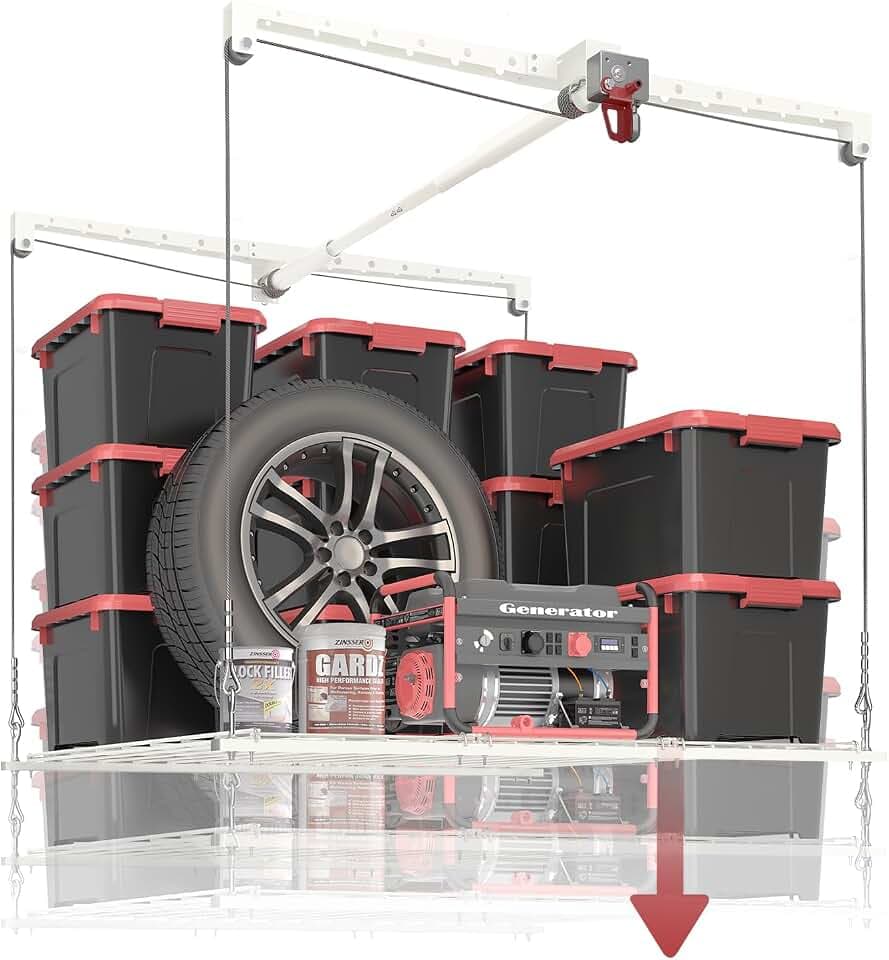 Overhead Garage Storage Rack, Adjustable Heavy-duty 4x4 Ft Ceiling Storage Racks with Safety Lock, Ideal for Garage Storage Lifting Organization System, 250lbs Capacity, White