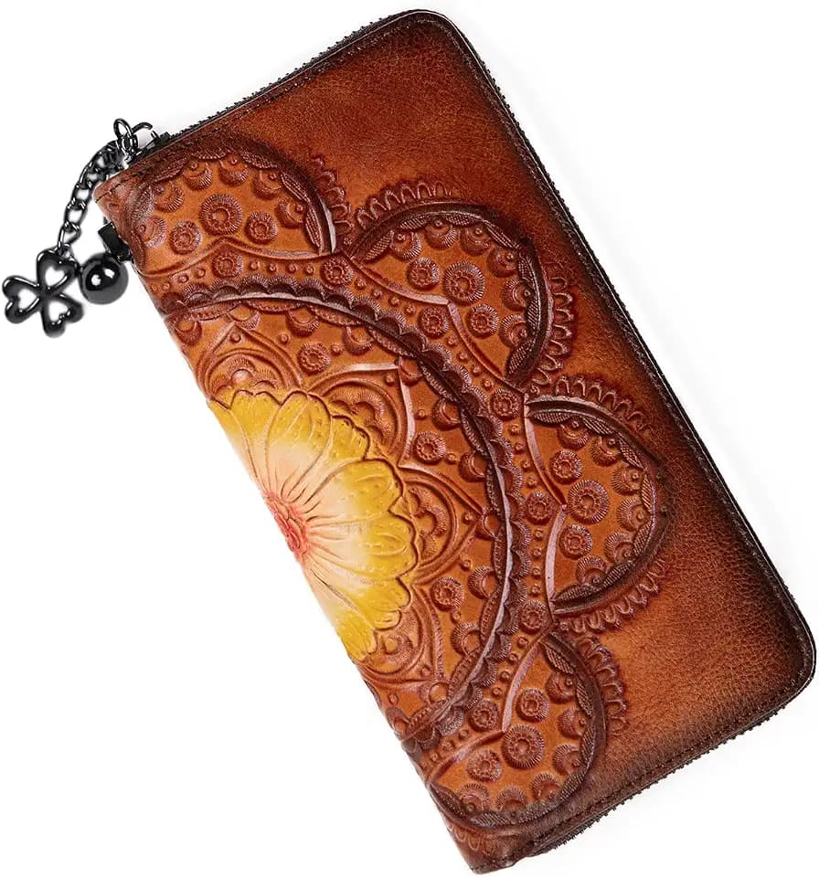 Wallet Genuine Leather for Women - with RFID Blocking Card checkbook ID Slot Large Capacity Vintage style (sunflower brown)