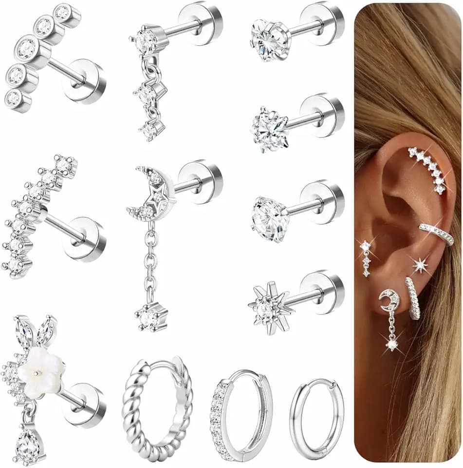 Morfetto 12Pcs 16G Helix Piercings Chirurgenstahl Ohrringe Gold Silber,Hypoallergene Flatback Ohrstecker Set Medizinische Ohrringe für Tragus Daith Conch Rook Knorpel Piercing Ohr Schmuck für Damen