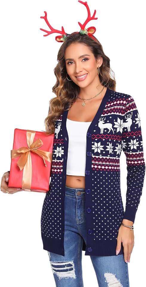iClosam Weihnachts Strickjacke Damen V Ausschnitt mit Knöpfen Langarm