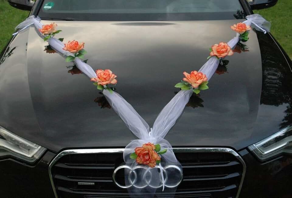 Organza M Auto Schmuck Braut Paar Rose Deko Dekoration Autoschmuck Hochzeit Car Auto Wedding Deko (Orange/Weiß)
