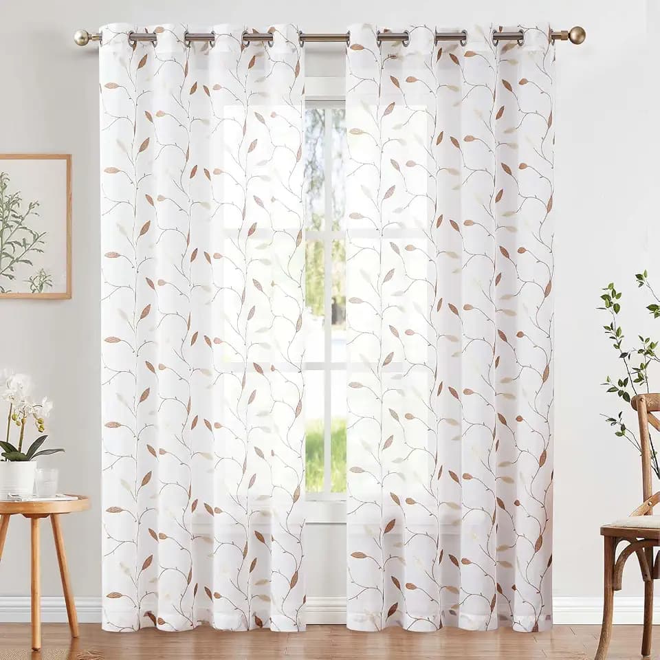 TOPICK Vorhang Voile Gardinen mit Ösen 2er Set H225xB140 Gold auf Weiß