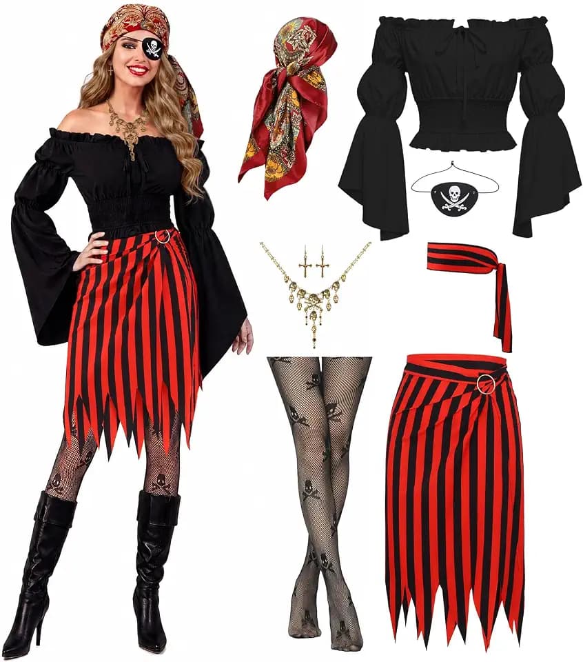 8 Pcs Pirate Costume Women Off Shoulder Top Skirt Accessories Set