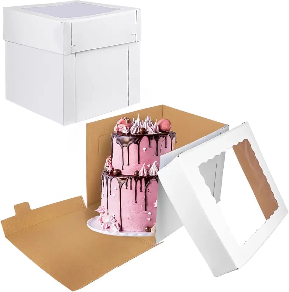 KEEPARTY 2PCS 14x14x12inch with Window Tier Cakes Tall Bakery Boxes for Birthdays Wedding Party Cake Box Disposable Cake Containers Layer Cakes Carrier Corrugated Paper