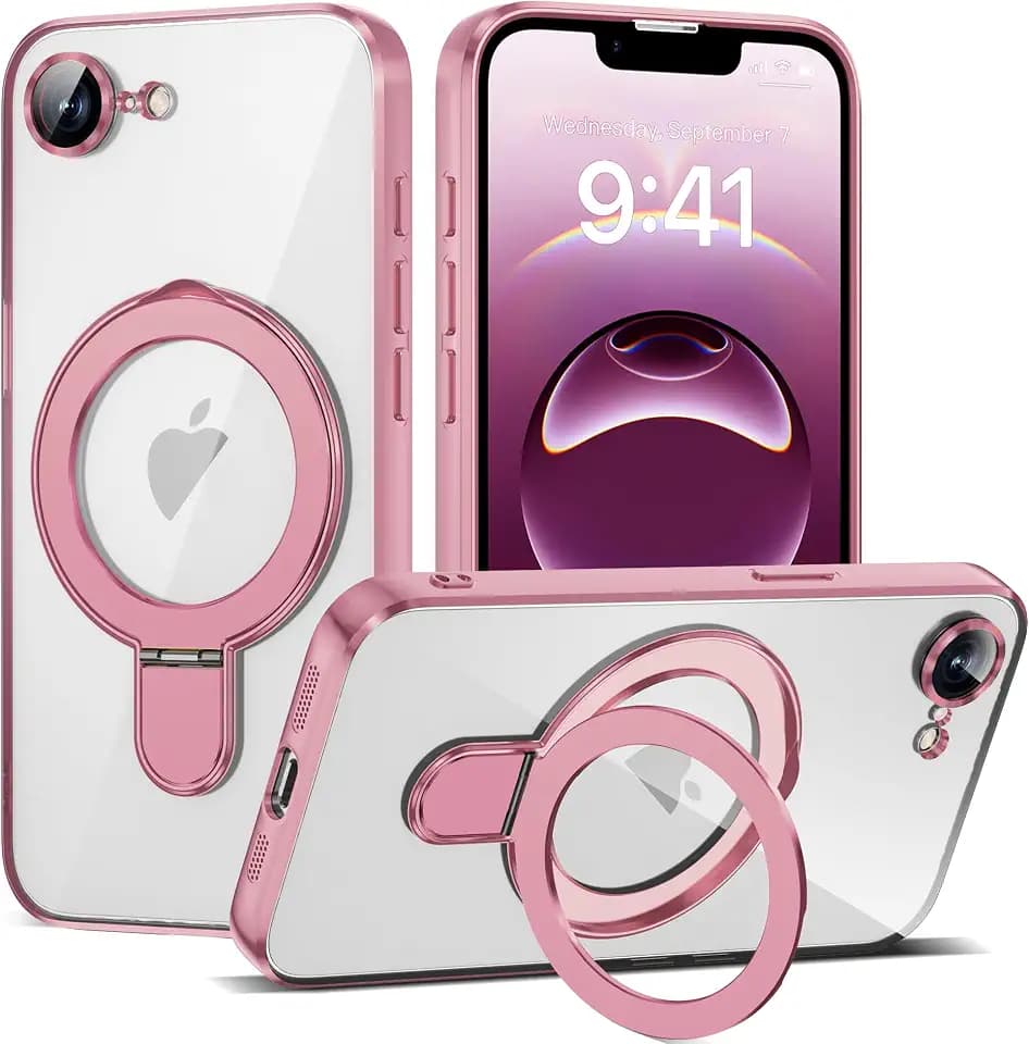 Plating Clear Phone Case for iPhone 17E/16E with Stand 6.1", Pink