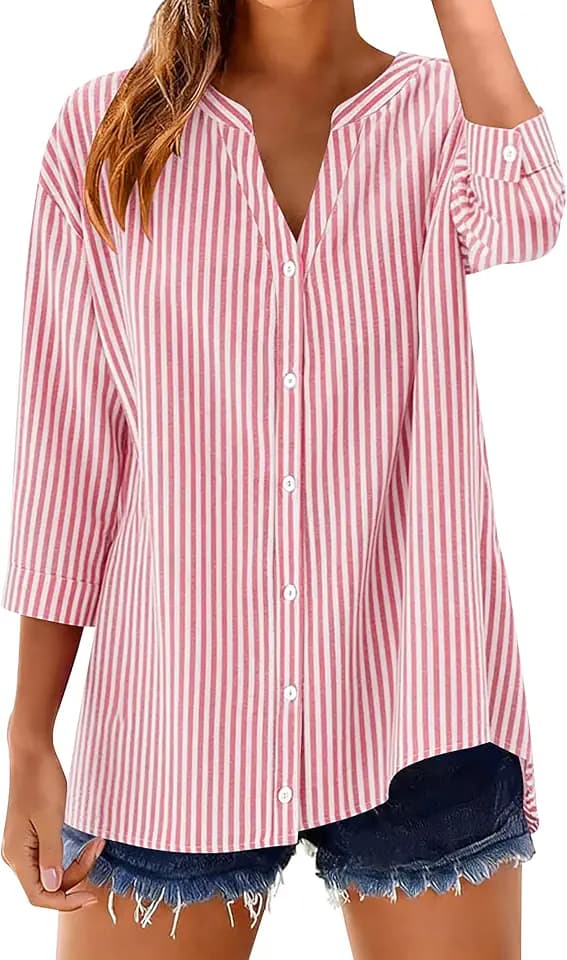 LOMON Womens 3/4 Length Sleeve Tops Cotton Gingham Stripe Button Down Shirt