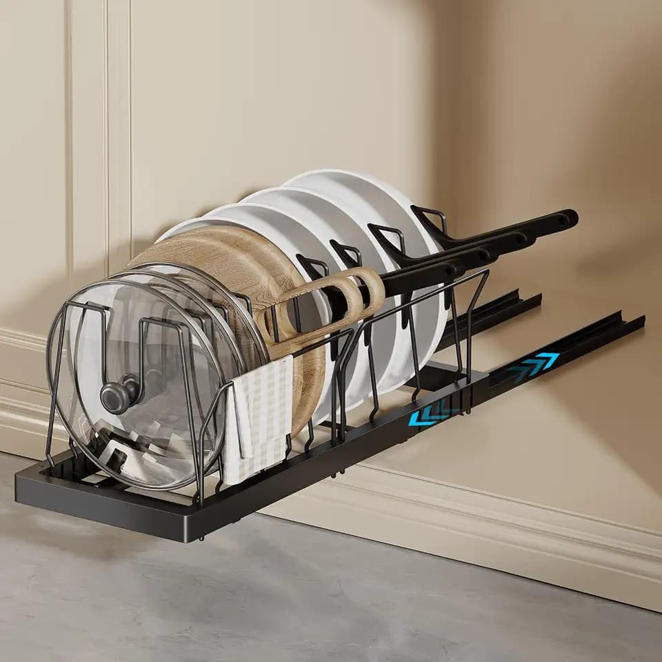 Magheo Pots and Pans Organizer Under Cabinet, 22" Deep Expandable Pull Out Pot Lid Organizer and Storage with 10 Adjustable Dividers No Drill Pot and Pan Holder Rack with Handle Bracket(1 Pack,Black)